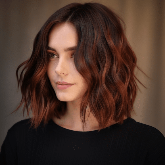 Brunette Lob with Copper Highlights