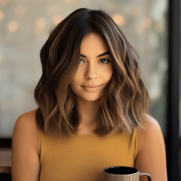 Coffee Brown Lob with Golden Streaks