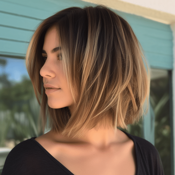 Inverted Lob with Caramel Streaks