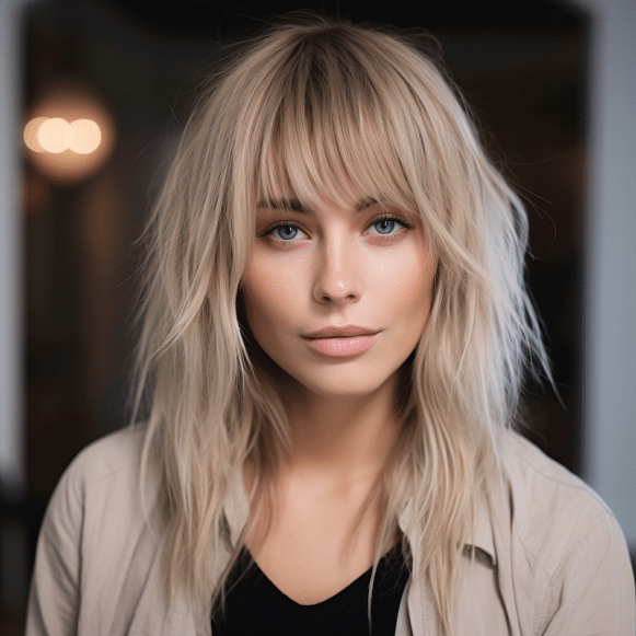 Ash Blonde Layers with Thin Straight Bangs