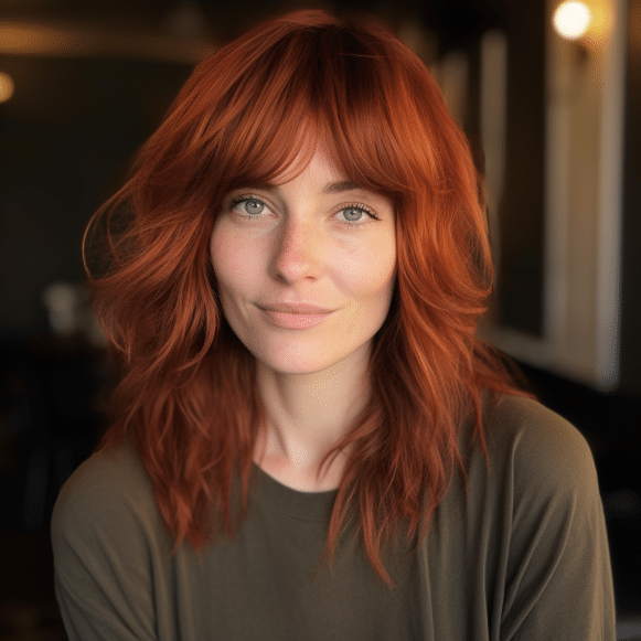 Rich Auburn Layers with Swoopy Bangs