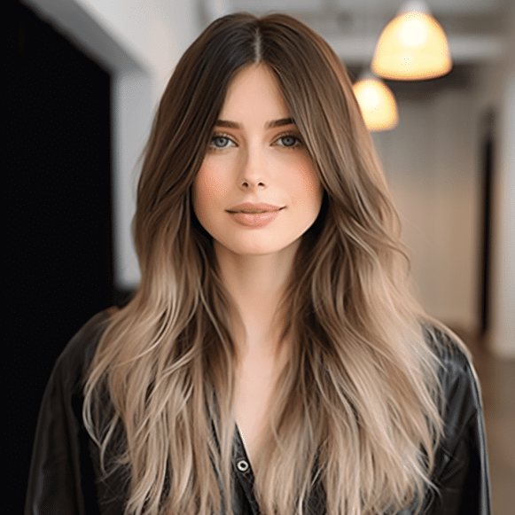 Sleek Long Layers with a Middle Part Bang