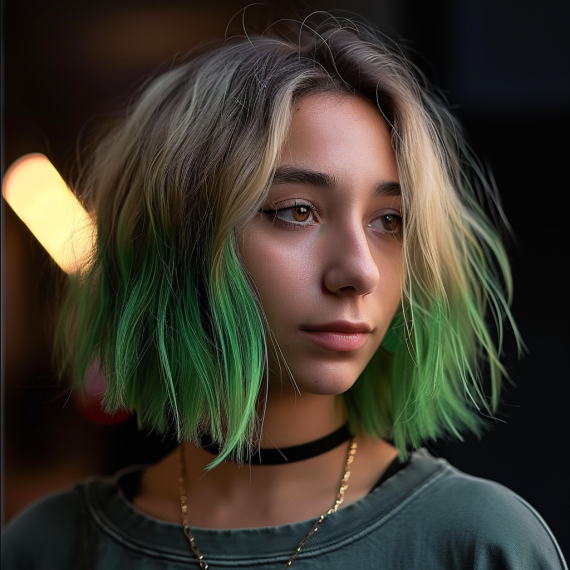 Blonde Side Sweep with Dark Green Lowlights