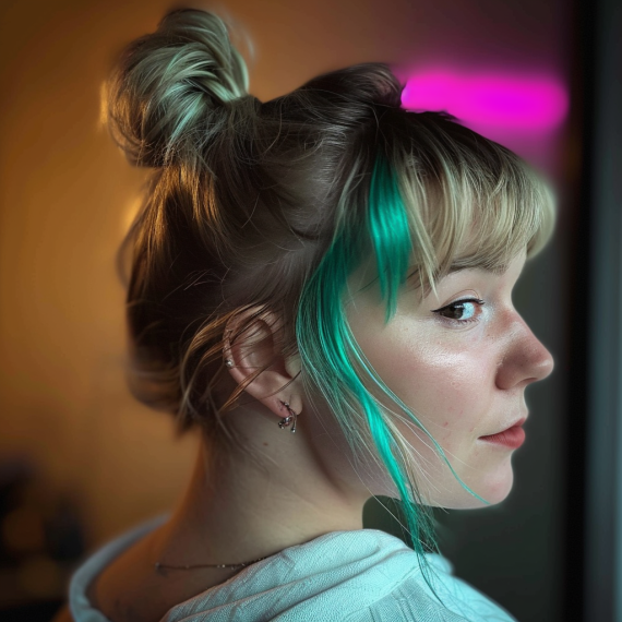 Blonde Top Knot with Deep Teal Lowlights