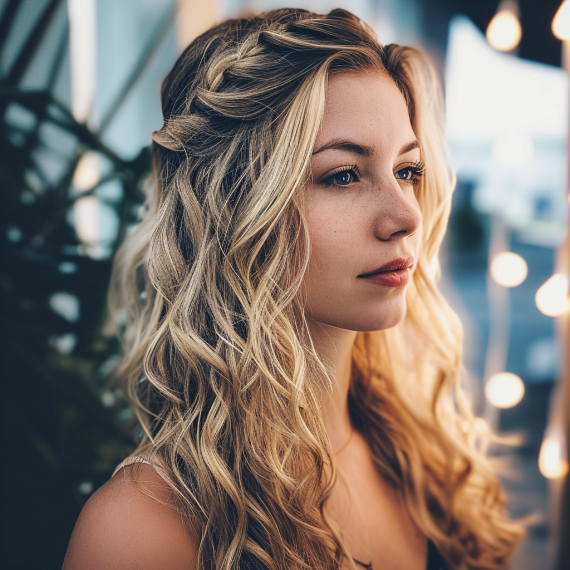 Half Up Half Down Blonde with Soft Coral Lowlights