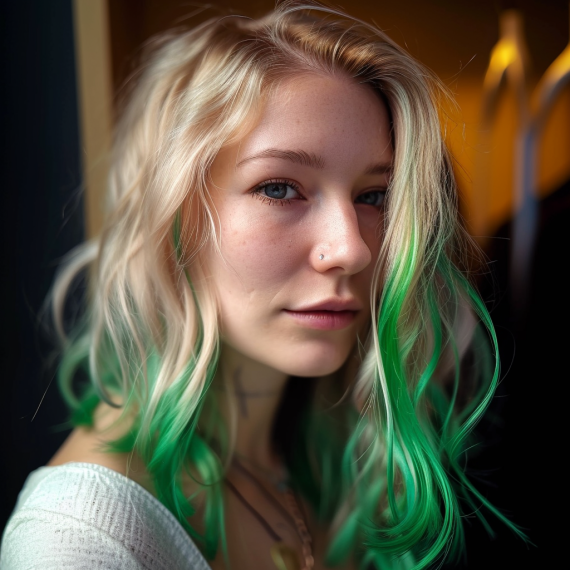 Long Blonde with Emerald Green Lowlights