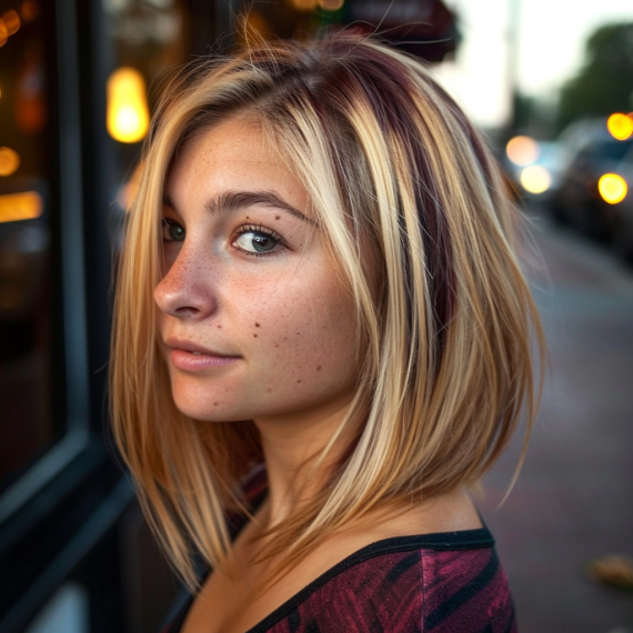 Sleek Blonde Layers with Maroon Lowlights