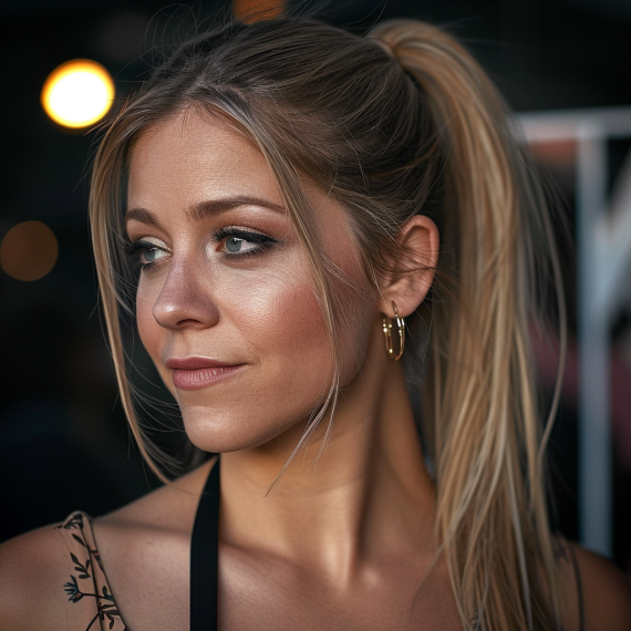 Sleek Blonde Ponytail with Golden Brown Lowlights