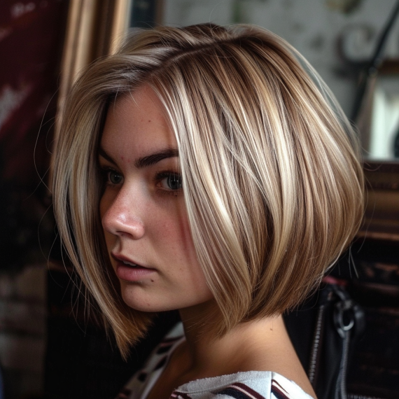 Soft Caramel Lowlights in Blonde Bob