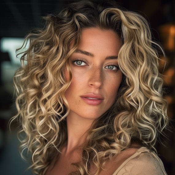 Voluminous Blonde Curls with Bronze Lowlights