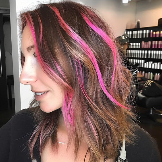 Bright Pink Streaks in Brown Hair