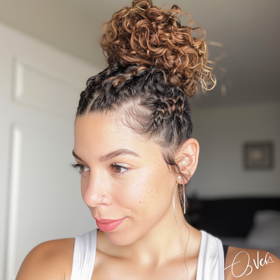 Curly Hair with Braided Top Knot