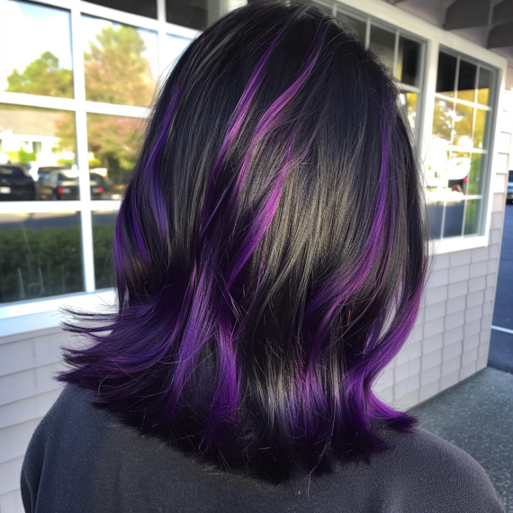 Deep Violet Peekaboo Highlights in Black Hair