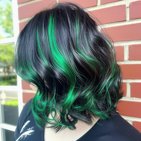 Emerald Green Peekaboo Highlights in Black Hair