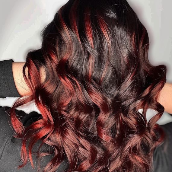 Fiery Red Highlights in Dark Brown Hair