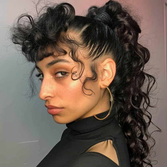 High Curly Ponytail with Wispy Bangs