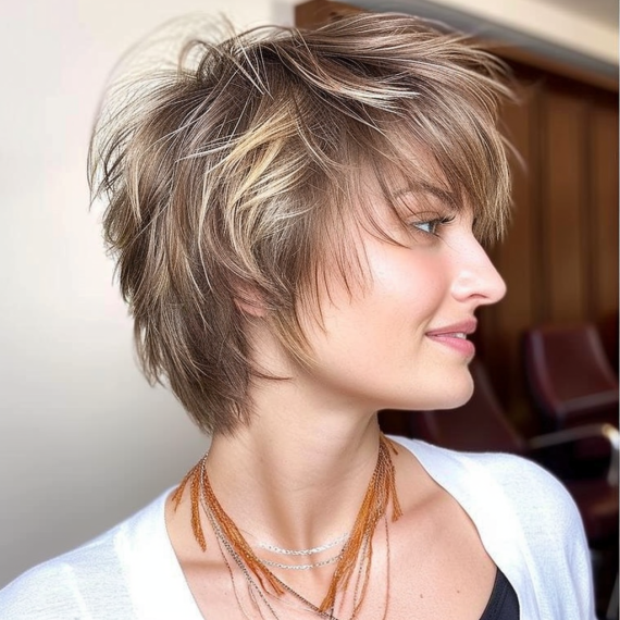 Layered Short Cut with Feathered Bangs