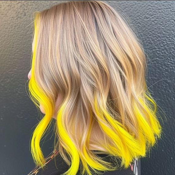 Lemon Yellow Highlights in Light Blonde Hair