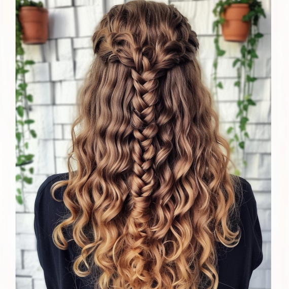 Long Curly Hair with Waterfall Braid