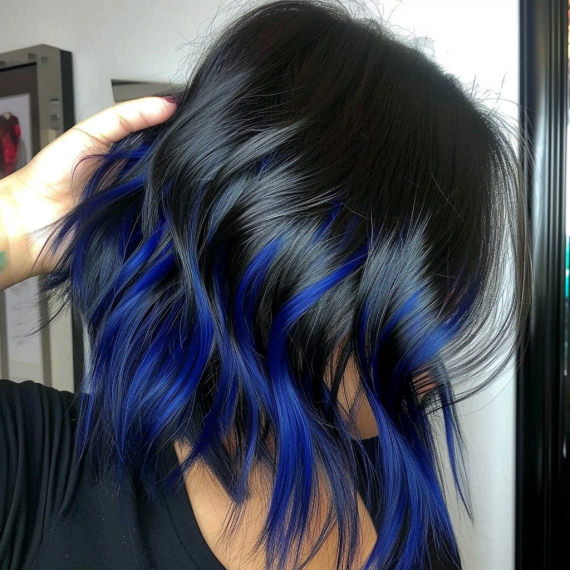 Midnight Blue Peekaboo Highlights in Jet Black Hair