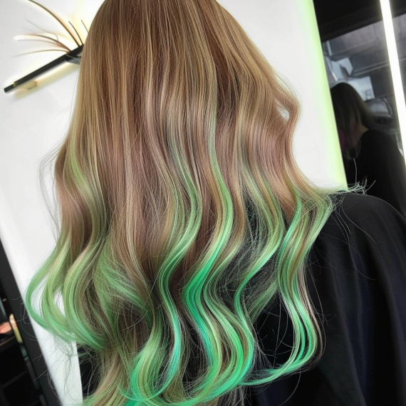 Mint Green Streaks in Light Brown Hair