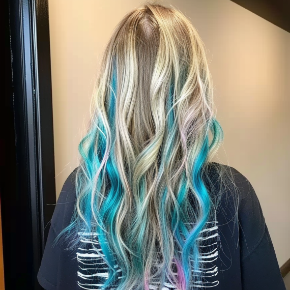 Ocean Blue Peekaboo Highlights in Blonde Hair