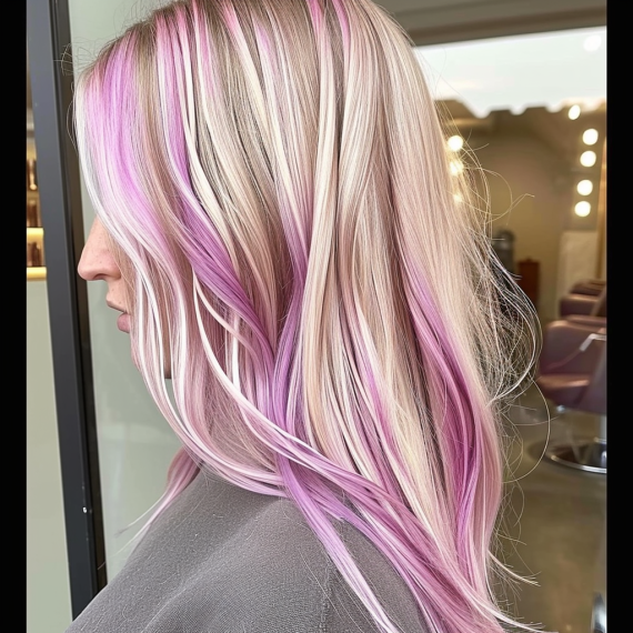 Pastel Pink Streaks in Blonde Hair