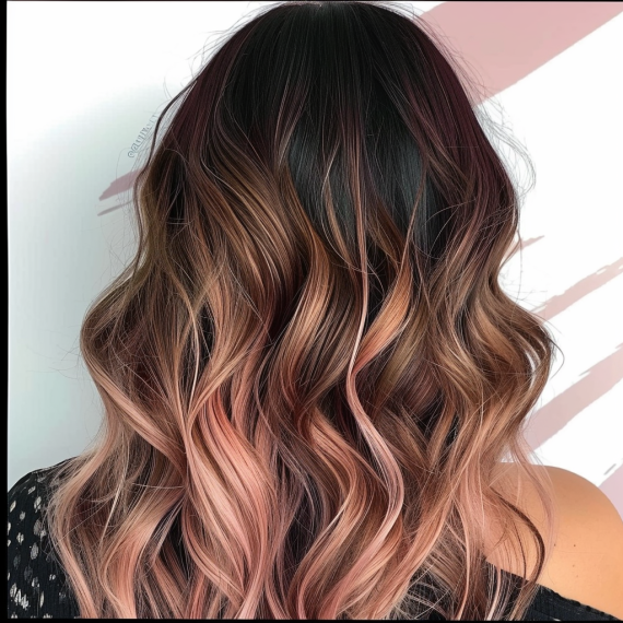 Rose Gold Highlights in Chocolate Brown Hair