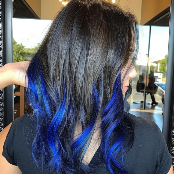Sapphire Blue Peekaboo Highlights in Dark Hair