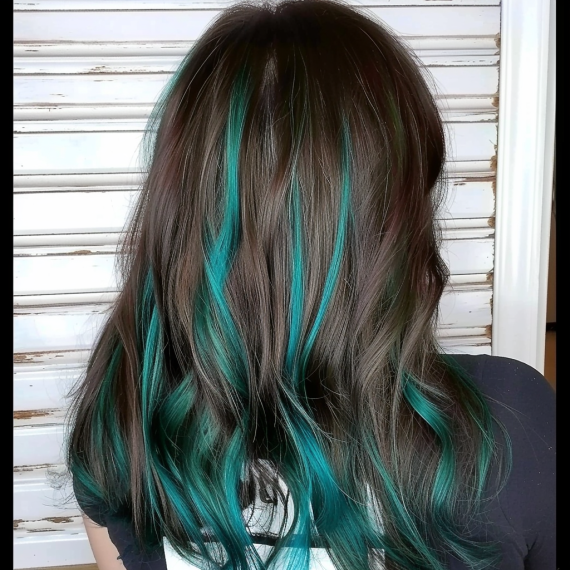 Teal Highlights in Dark Brown Hair
