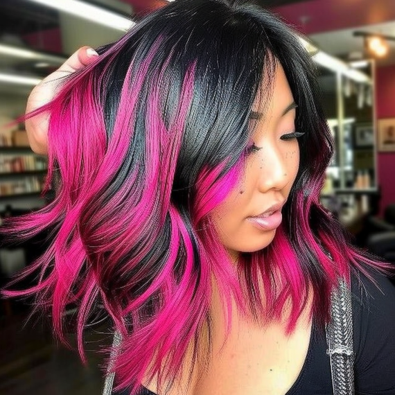 Vibrant Pink Highlights in Black Hair
