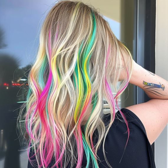 Whimsical Blonde with Rainbow Streaks