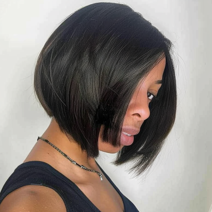 Angled Bob with Elongated Fringe and Tapered Ends