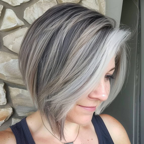 Asymmetrical Bob with Natural Gray and Soft Highlights