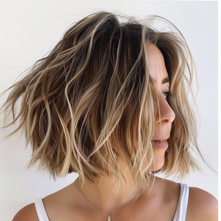 Beachy Messy Bob with Sun Kissed Highlights