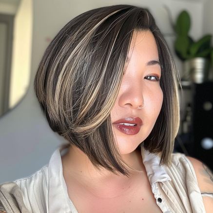 Chin Length Bob with Elongated Side and Subtle Highlights