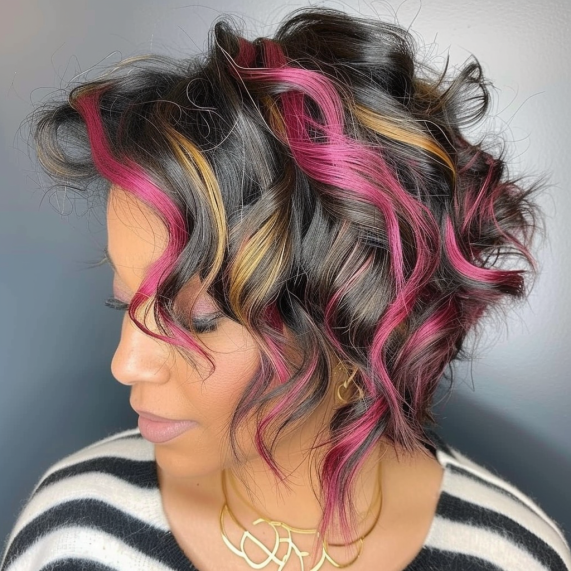 Curly Undercut Bob with Bold Highlights