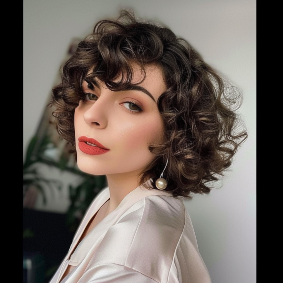 Glamorous Curly Bob with Side Swept Bangs
