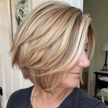 Layered Bob with Dramatic Angle and Feathered Ends