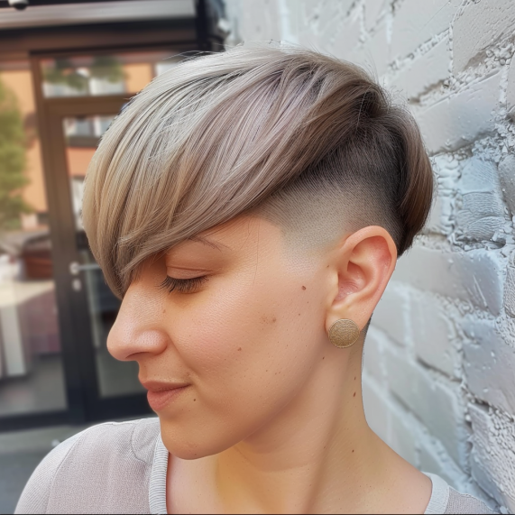 Pixie with Curved Long Bangs and Shaved Sides