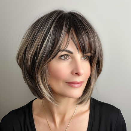 Razored Bob with Asymmetrical Fringe and Layered Crown