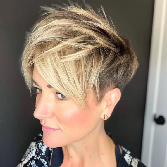 Voluminous Pixie with Side Swept Feathered Bangs