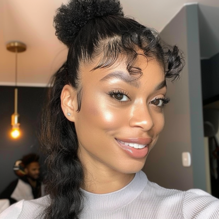 High Ponytail with Curly Bangs