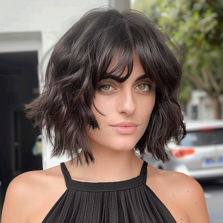 Layered Curled Bob with Curtain Bangs