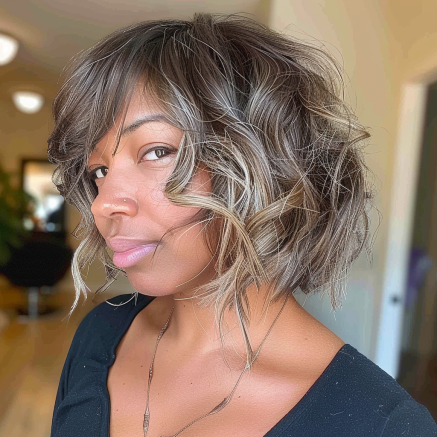 Textured Curled Bob with Side Swept Bangs