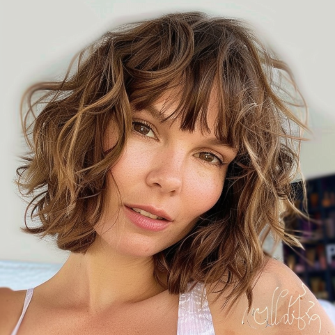 Tousled Bob with Beachy Waves and Bangs
