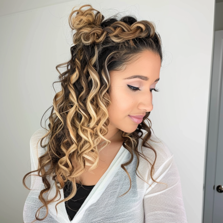 Twisted Half Up Style with Curly Ends