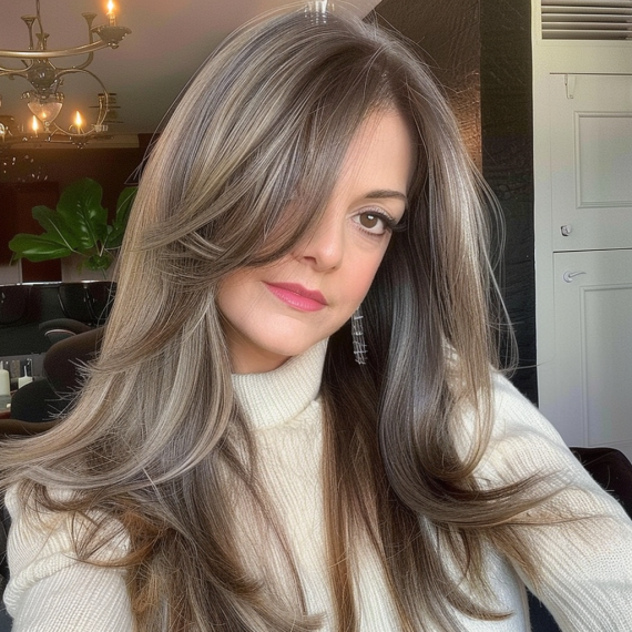 Voluminous Long Layers with Curtain Bangs