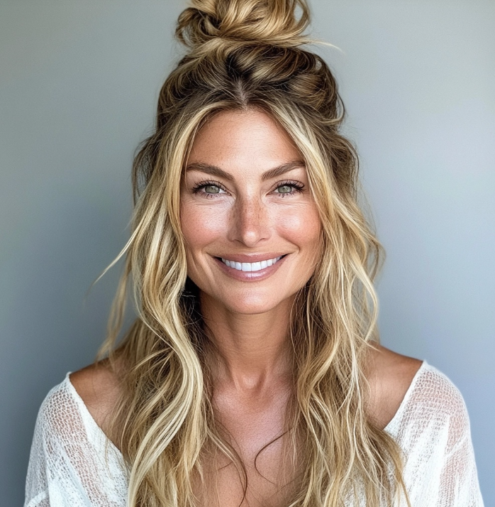Honey Blonde Top Knot with Loose Tendrils